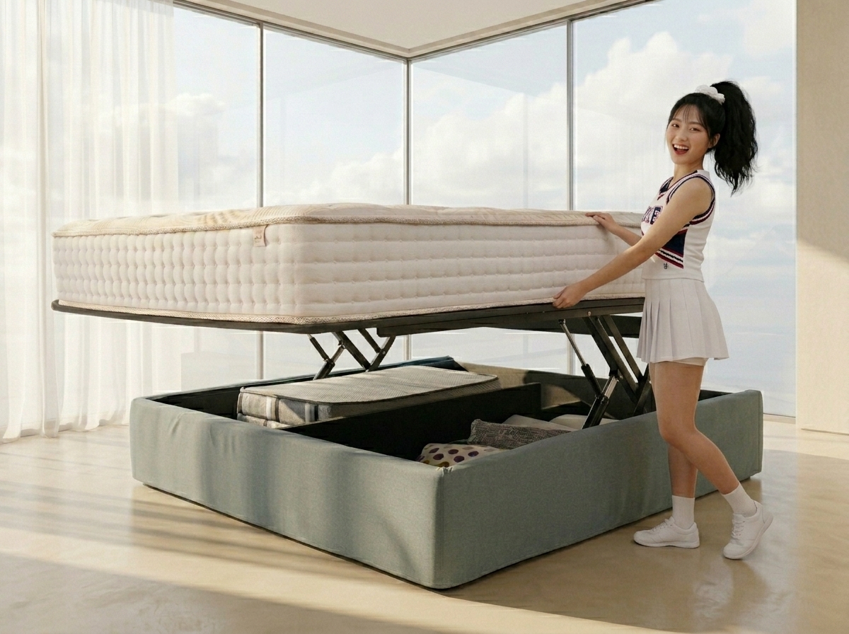 平齊式掀床台製專利氣壓棒安全省力單手掀起示意圖