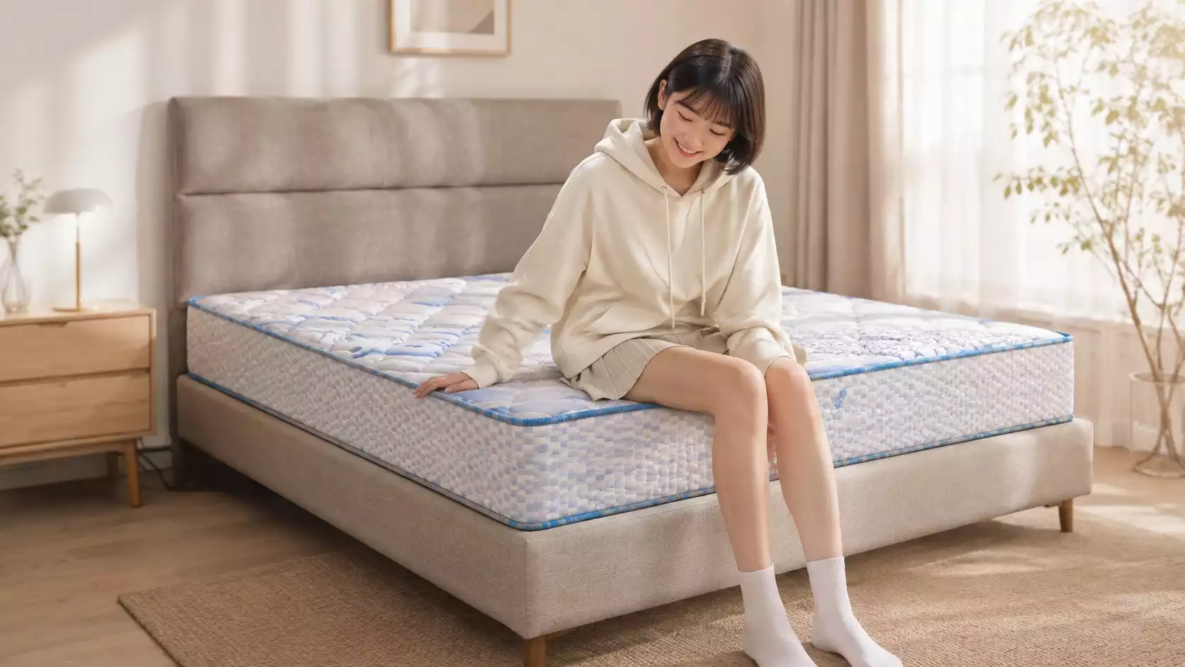 喜洋洋床墊短髮高中女生坐在純米色天絲親膚透氣面布